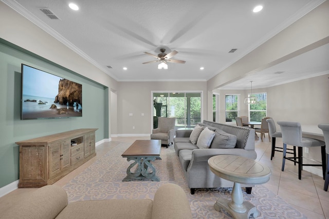 2790 Las Calinas Blvd, Saint Augustine, FL 32095 - living area featuring recessed lighting, a ceiling fan, baseboards, crown molding, and light tile patterned flooring