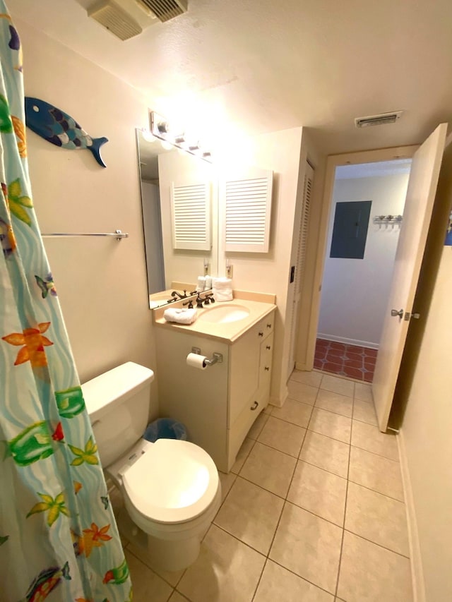 bathroom with toilet, vanity, electric panel, and tile patterned floors