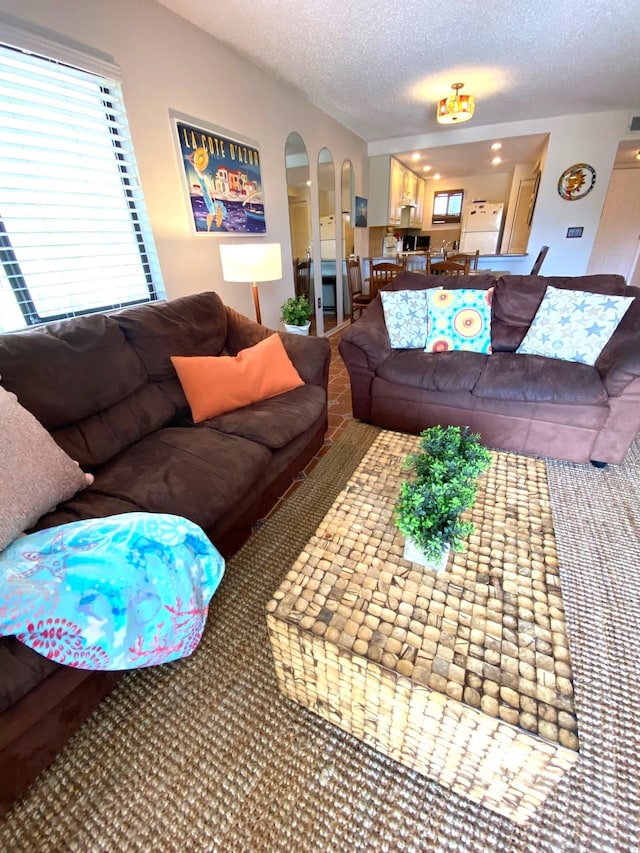 living room featuring a textured ceiling