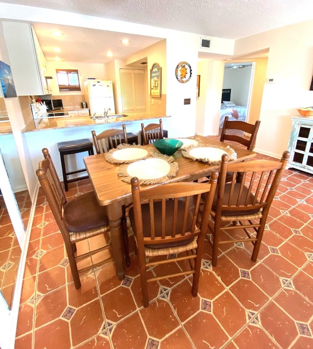 dining room featuring a textured ceiling and sink