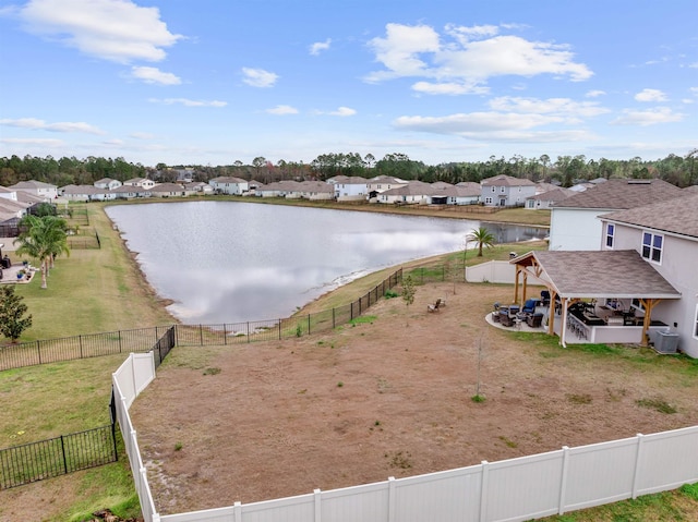 property view of water with a fenced backyard and a residential view