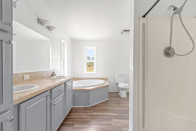 10160 Ebert Ave, Hastings, FL 32145 - full bathroom featuring a shower stall, wood finished floors, toilet, a garden tub, and double vanity
