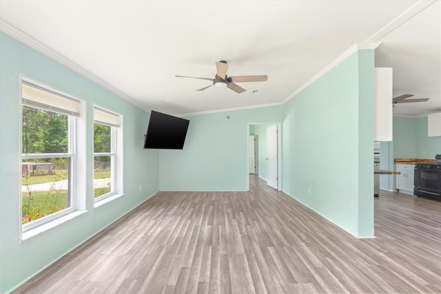 10160 Ebert Ave, Hastings, FL 32145 - unfurnished living room featuring ceiling fan, light wood finished floors, and crown molding