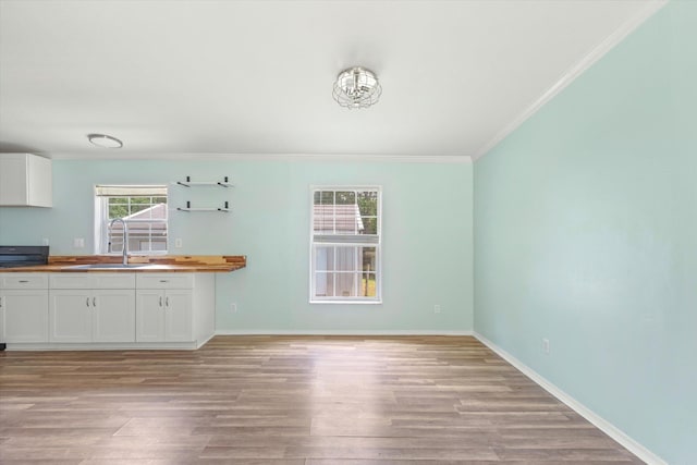 10160 Ebert Ave, Hastings, FL 32145 - kitchen featuring butcher block countertops, ornamental molding, white cabinets, a sink, and light wood finished floors