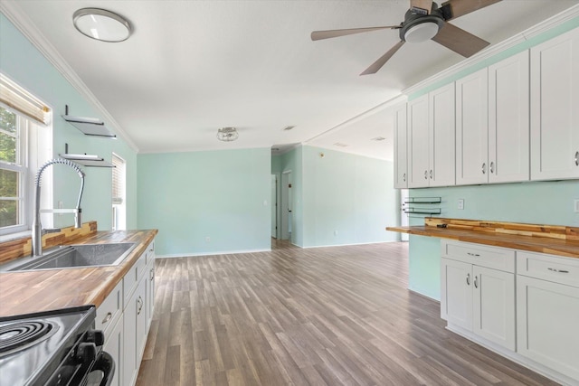 10160 Ebert Ave, Hastings, FL 32145 - kitchen with butcher block countertops, a sink, open floor plan, range with electric stovetop, and white cabinetry