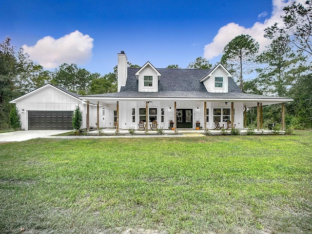 8975 Reid Packing House Rd, Hastings, FL 32145 - modern farmhouse with a porch, a chimney, a front lawn, and a garage
