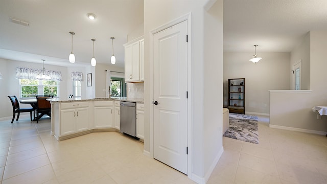 kitchen featuring white cabinetry, stainless steel dishwasher, kitchen peninsula, pendant lighting, and light tile patterned floors