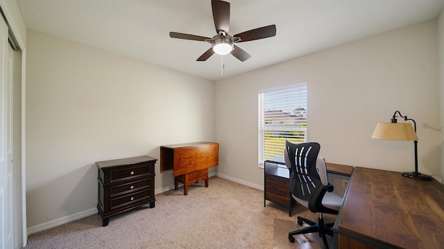 office with ceiling fan and light carpet