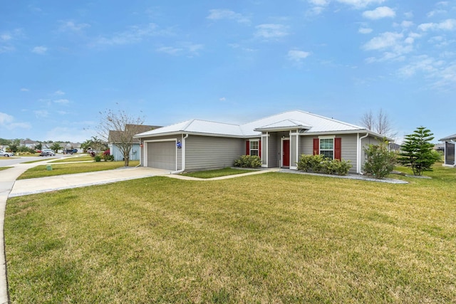 single story home featuring a front lawn and a garage