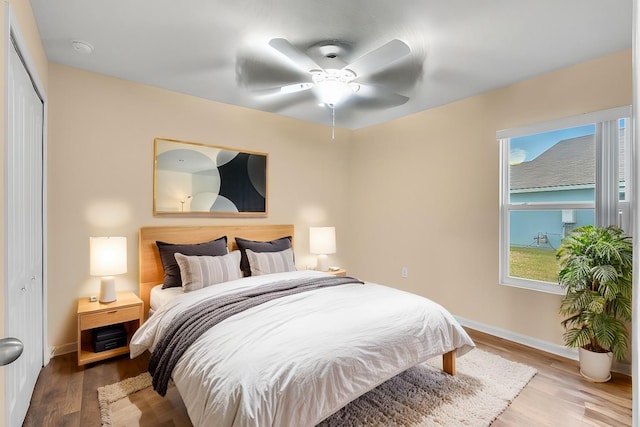 bedroom featuring ceiling fan, a closet, light hardwood / wood-style floors, and multiple windows