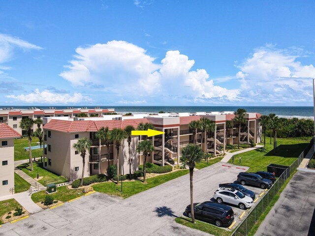 bird's eye view with a water view