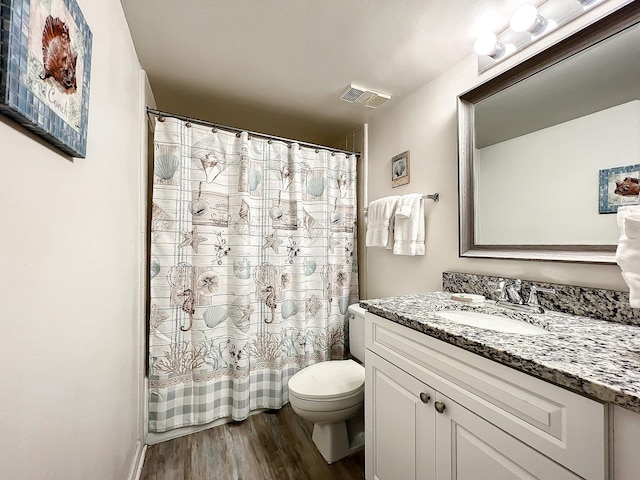 bathroom featuring vanity, wood-type flooring, and toilet