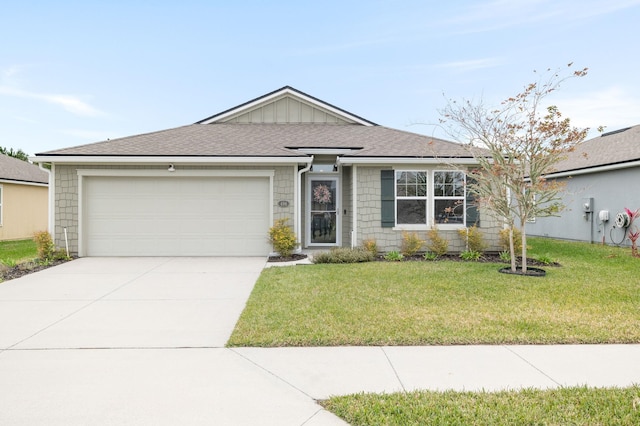 ranch-style home featuring a front yard and a garage