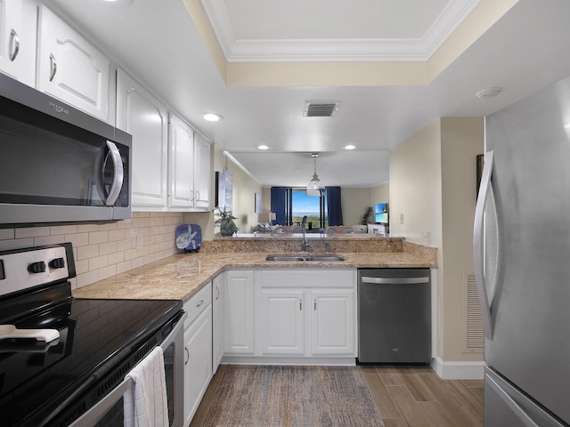 6240 A1A S Unit 103, Saint Augustine, FL 32080 - kitchen with a tray ceiling, appliances with stainless steel finishes, a sink, and visible vents