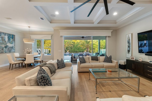 living room with coffered ceiling, light hardwood / wood-style flooring, ornamental molding, and beamed ceiling