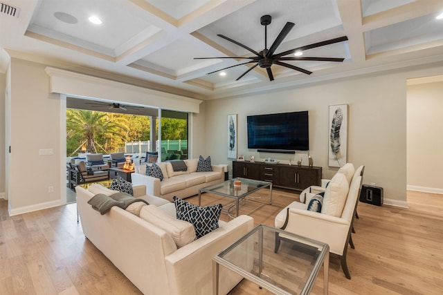 living room featuring beamed ceiling, coffered ceiling, and light hardwood / wood-style floors