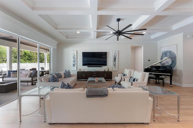 living room featuring ceiling fan, coffered ceiling, beam ceiling, and light hardwood / wood-style floors