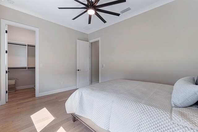 bedroom featuring a spacious closet, a closet, ceiling fan, and light wood-type flooring