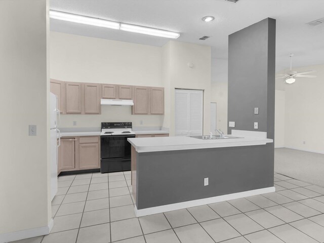 kitchen with white appliances, ceiling fan, sink, light brown cabinets, and light tile patterned floors