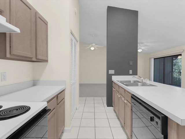 kitchen featuring ventilation hood, ceiling fan, sink, light tile patterned floors, and dishwasher