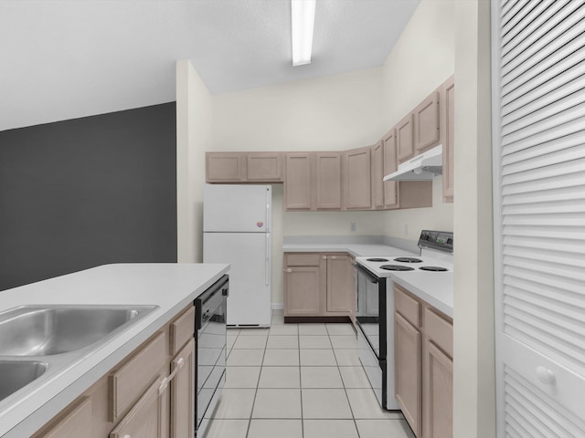 kitchen with vaulted ceiling, electric stove, light brown cabinets, dishwasher, and white fridge