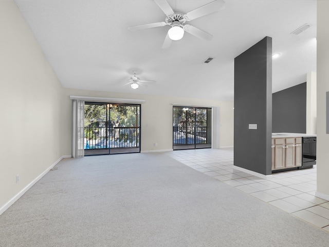 unfurnished living room with light tile patterned floors, vaulted ceiling, and ceiling fan