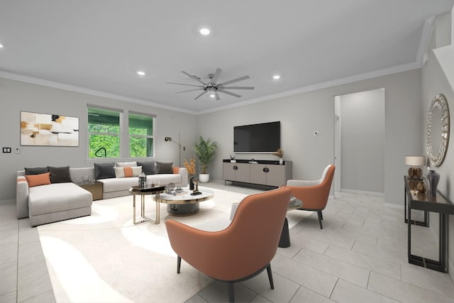 249 La Mancha Dr, Saint Augustine, FL 32086 - living room with recessed lighting, crown molding, and ceiling fan