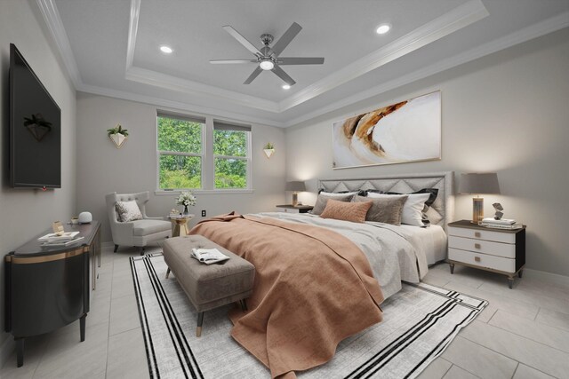 249 La Mancha Dr, Saint Augustine, FL 32086 - bedroom featuring light tile patterned flooring, ornamental molding, a tray ceiling, and baseboards