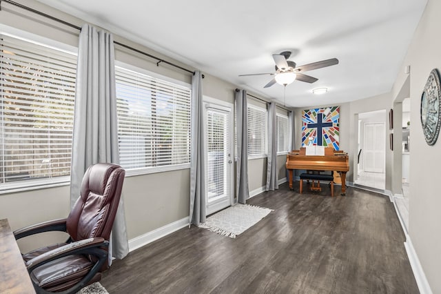 office featuring ceiling fan, baseboards, and wood finished floors