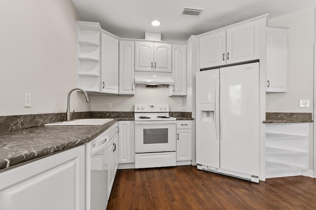 kitchen with open shelves, white cabinets, a sink, white appliances, and under cabinet range hood