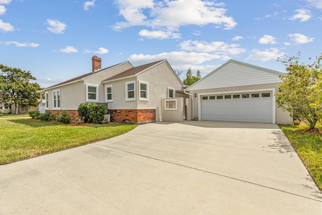 single story home with brick siding, a front lawn, a chimney, and stucco siding