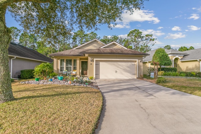 ranch-style home featuring a front yard and a garage