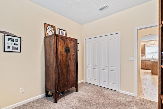 bedroom with light colored carpet, a textured ceiling, and a closet