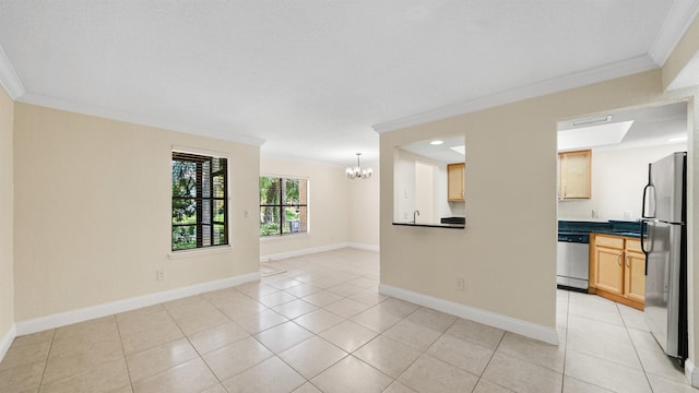 interior space featuring an inviting chandelier, light tile patterned flooring, and ornamental molding