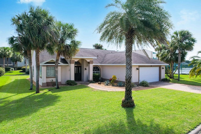 ranch-style house with a garage and a front lawn