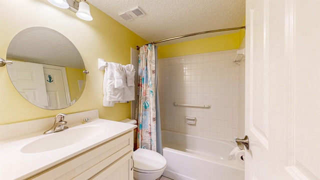 full bathroom featuring vanity, a textured ceiling, toilet, and shower / tub combo with curtain