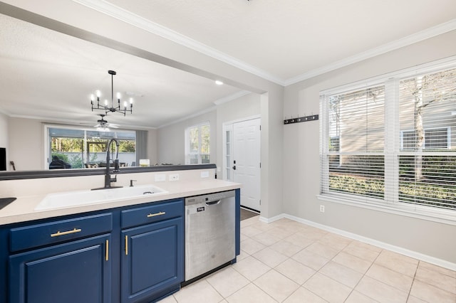 kitchen with dishwasher, ornamental molding, blue cabinets, light countertops, and a sink