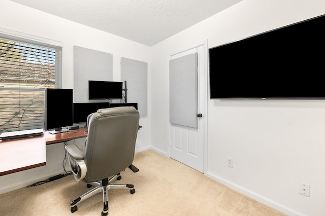 office featuring a textured ceiling, baseboards, and light colored carpet