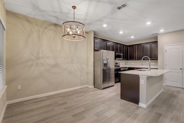 kitchen with stainless steel appliances, a kitchen island with sink, sink, decorative light fixtures, and a notable chandelier