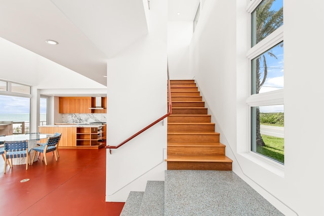 stairway with plenty of natural light and a towering ceiling