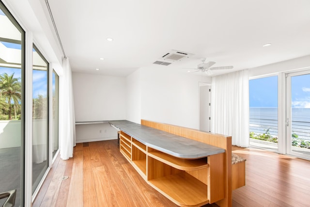 interior space with plenty of natural light, a water view, and light hardwood / wood-style flooring