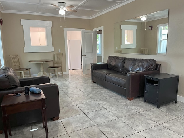 221 Old Peniel Rd, Palatka, FL 32177 - living room with crown molding, ceiling fan, and coffered ceiling