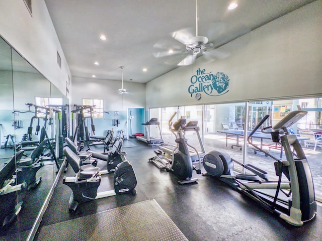 301 Premier Vista Way, Saint Augustine, FL 32080 - workout area with a ceiling fan, visible vents, a towering ceiling, and recessed lighting