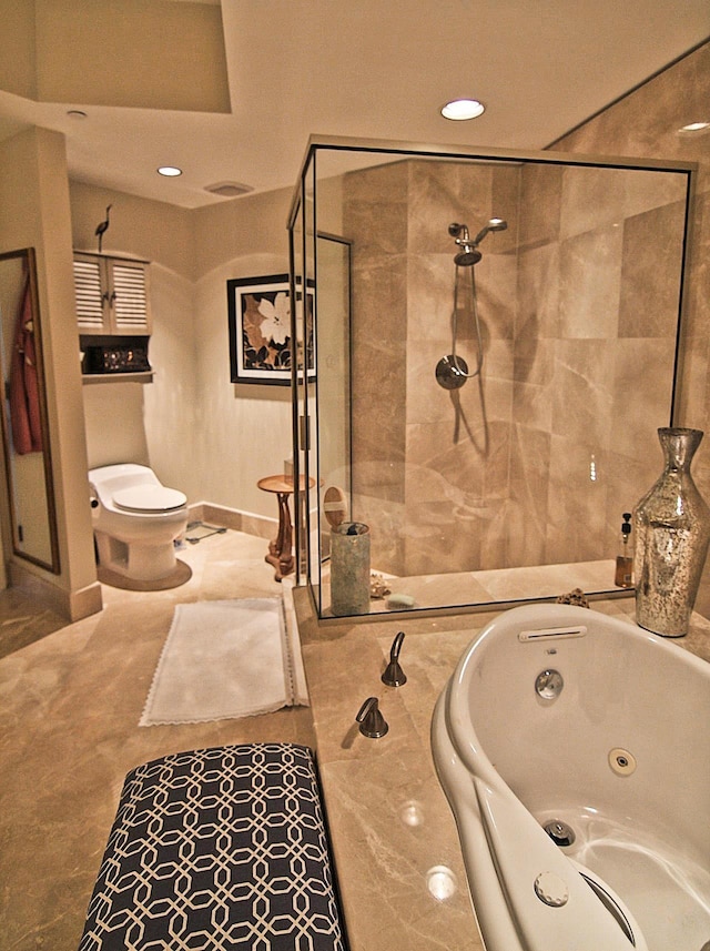 full bathroom with shower with separate bathtub, sink, and toilet