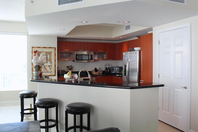 kitchen with appliances with stainless steel finishes, a kitchen breakfast bar, kitchen peninsula, and a wealth of natural light