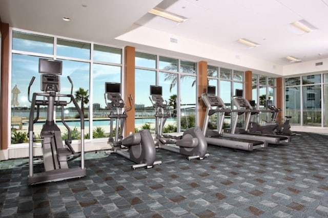 workout area with expansive windows and dark colored carpet