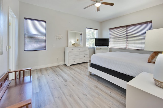 bedroom with ceiling fan and light wood-type flooring