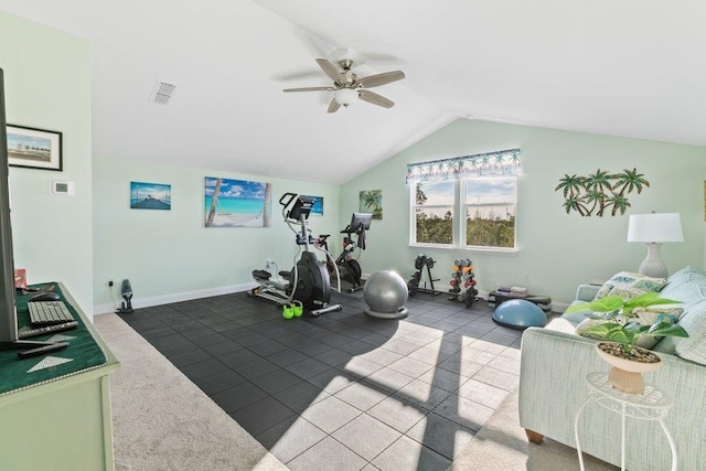 exercise room featuring ceiling fan and lofted ceiling