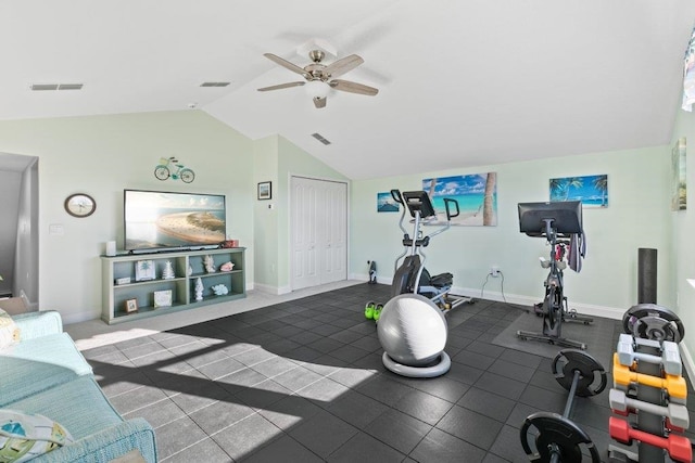 exercise room with vaulted ceiling and ceiling fan