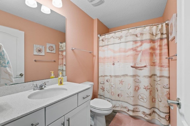 bathroom with vanity, a textured ceiling, and toilet